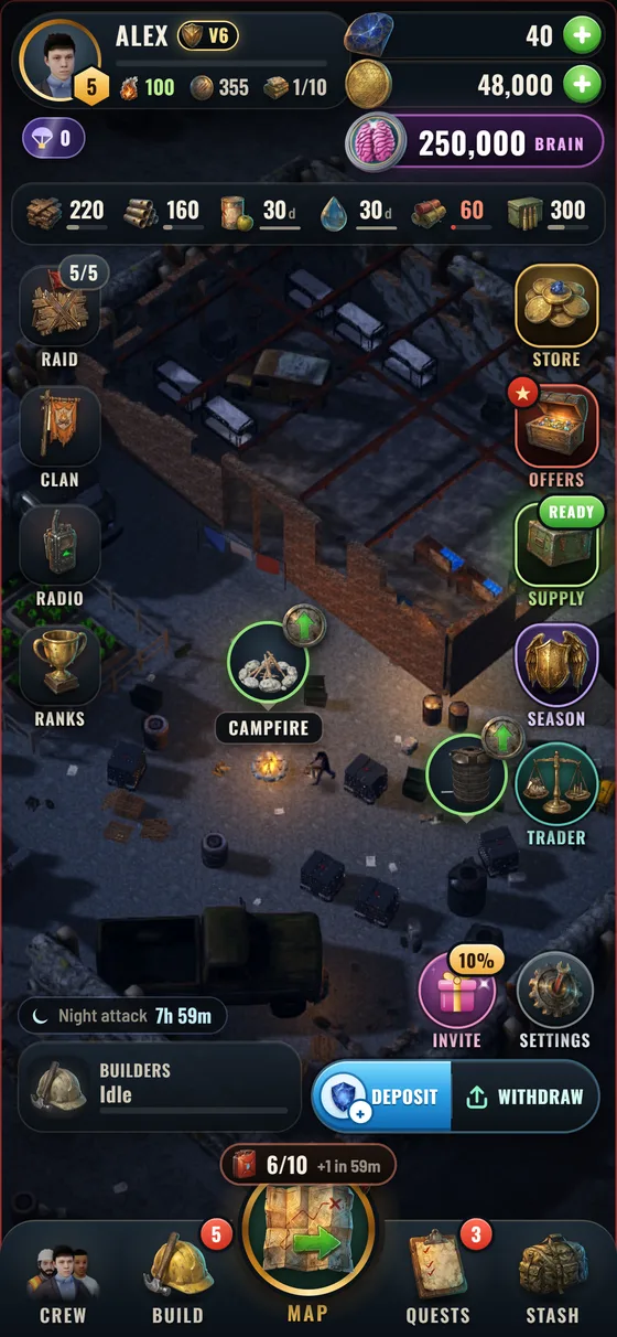 Camp screen: campfire, buildings and resources